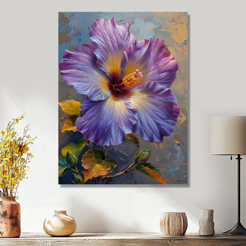 Hibiscus mauve, jaune et violet, Métal métal, H 40 po x l 30 po x P 1,5 po