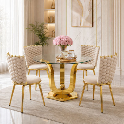 38.9" Round Glass Dining Table Set for 4, Tempered Glass Kitchen Table With Gloss Stainless Steel Legs & 4 Velvet Upholstered Chairs, for Dining Room, Apartment, Space Saving