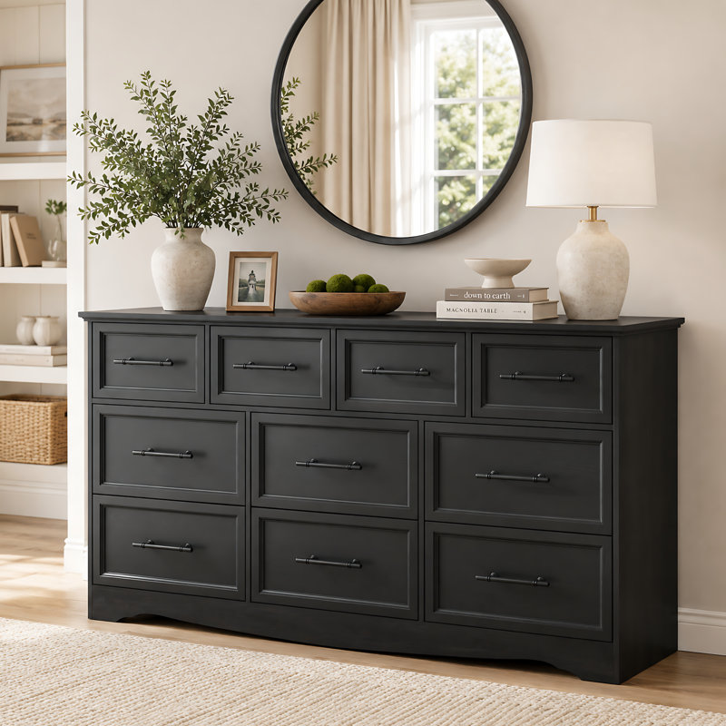 Commode pour chambre à coucher, commode de ferme de 59 po de largeur avec poignée en métal brossé pour chambre à coucher, salon, couloir, noyer