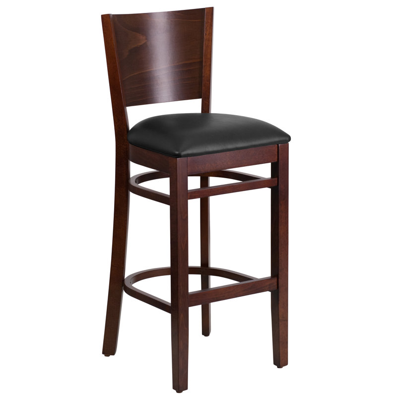 Claridge Solid Back Wooden Restaurant Barstool, Vinyl-Black, Walnut, 2