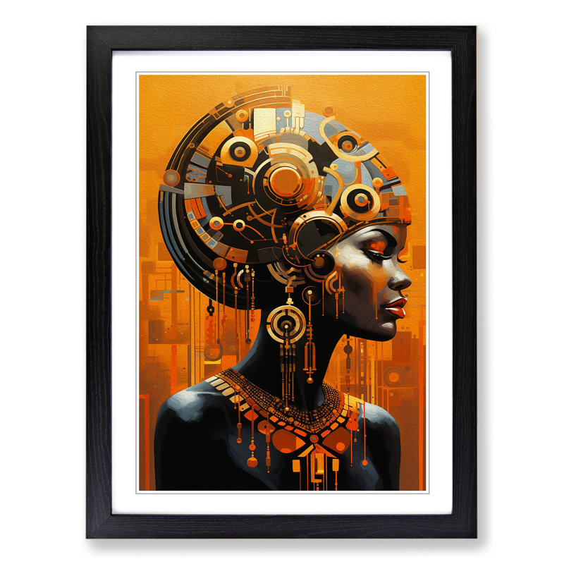 African Woman Futurism Art - Framed Print, 46cm H x 34cm W x 2cm D, Black Framed