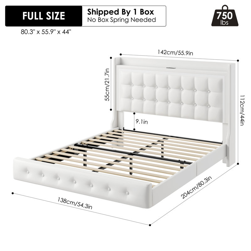 Upholstered Platform Bed with LED Lights, Charging Port, Floating Bed, Full, White