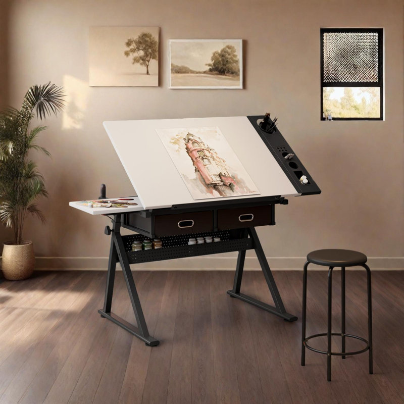 Adjustable Drafting Table Desk with 2 Drawers and Stool for Home Office and School