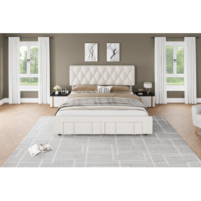 Soft Upholstered Platform Bed Frame with Storage Drawers – Plain Wooden Slats, No Box Spring Needed, Modern Mattress Foundation, Bedroom – King Size, Cream