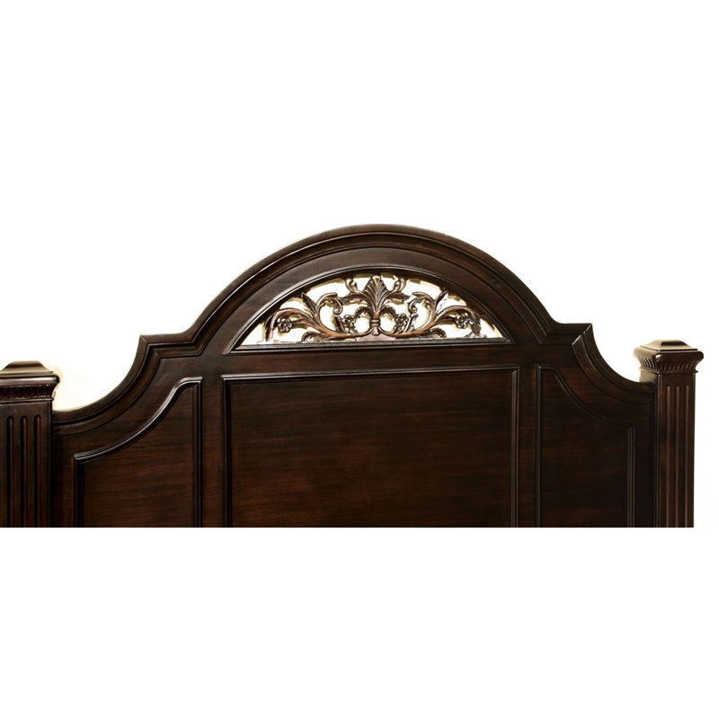 Très grand lit, finition noyer foncé, tête de lit à motif floral transitionnel, panneau de bois noyer, ornement traditionnel, sommier tapissier requis