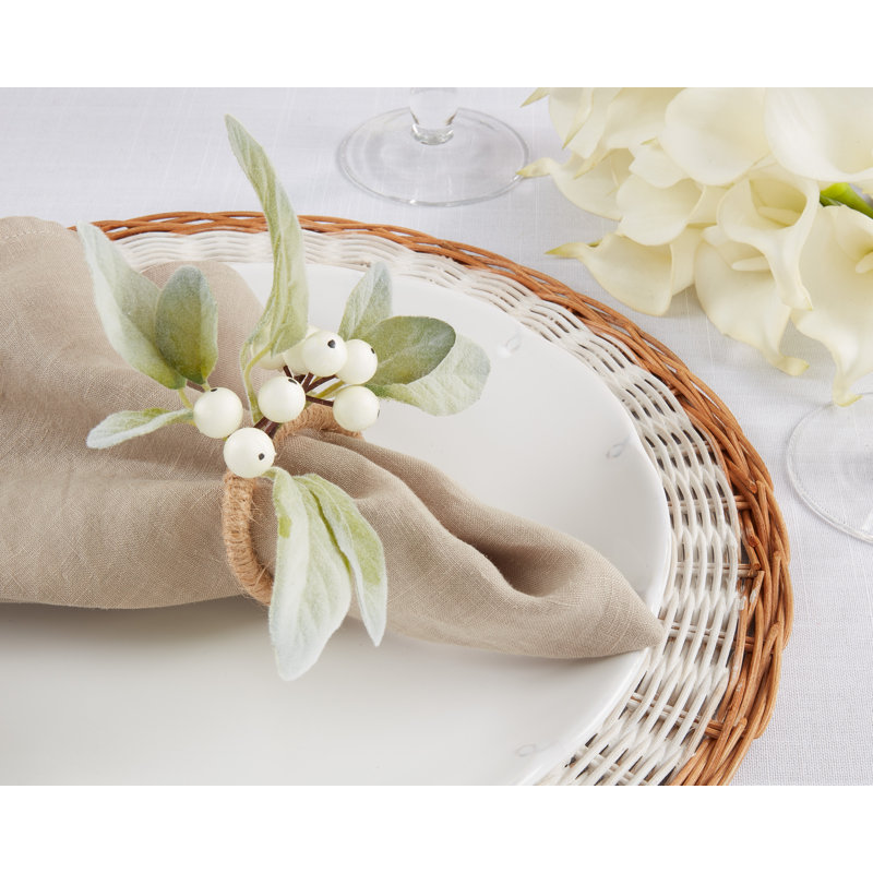 Green and White Berry Woven Napkin Rings Set of 4
