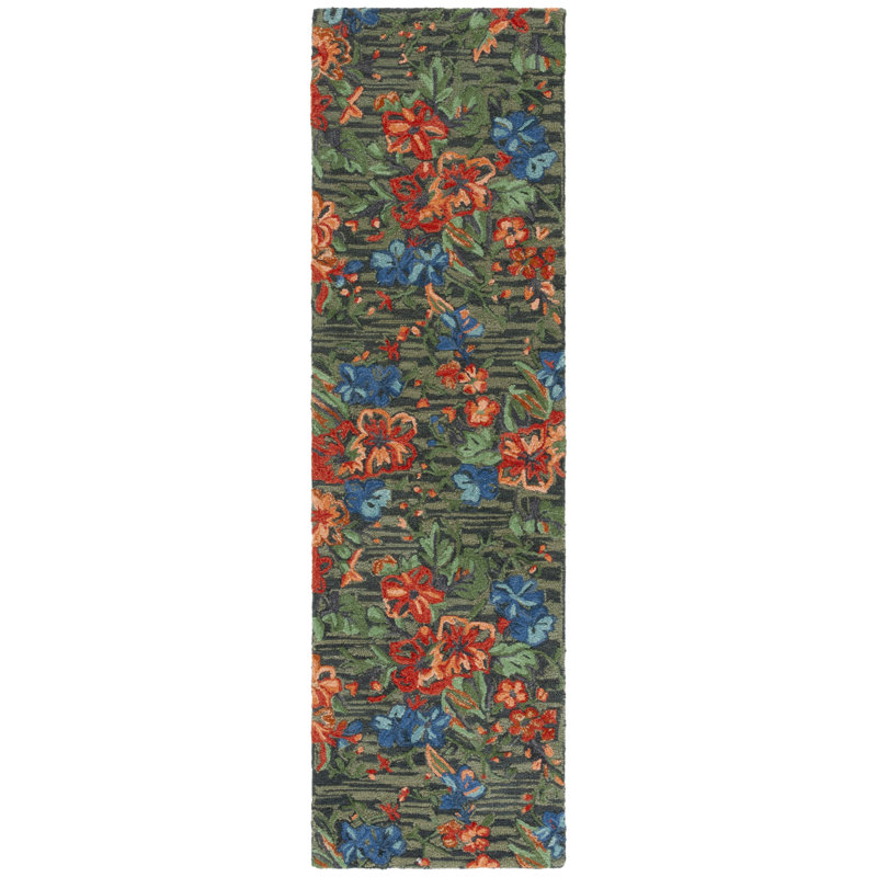 Jardin Hand Tufted Wool Cotton Floral Rug in Blue, Runner 2'3" x 8'