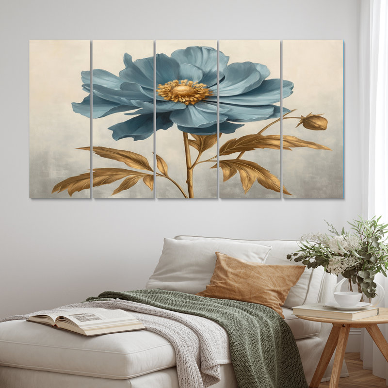 Blooming Blue Anemone Leaves Retro Art I - Wildflowers Wall Art Living Room - 5 Equal Panels
