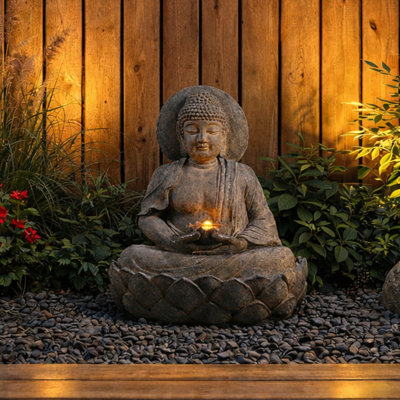 Bruster 28" Outdoor Buddha Water Fountain with LED Lotus Flower and Adjustable Pump – Zen Garden Decor Feature