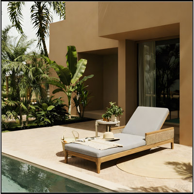 Solid Acacia Wood Sun Chaise Lounger with Grey Cushions and Light Grey Wicker, 76.8" Outdoor Patio Furniture for Garden, Deck, Poolside Relaxation,Nat