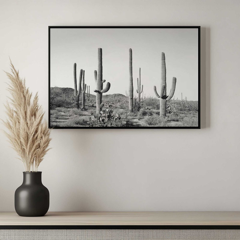 «Gray Cactus Land» par Garima Dhawan, reproduction d'art sur toile, H 24 po x l 32 po, Cadre flottant, Noir