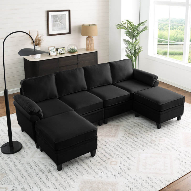 Tissu en lin noir en forme de L de 102 pouces de style contemporain avec mousse à mémoire de forme à deux couches, siège mi-moelleux pour espace de vie, possibilité de bricolage, toucher doux luxueux, rangement sous le siège, système à ressorts
