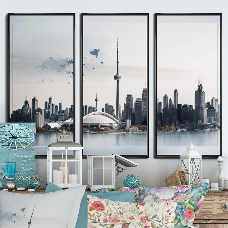 Toronto Skyline III - 3 pièces sur toile, Cadre flottant noir, H 32 po x l 48 po x P 1 po