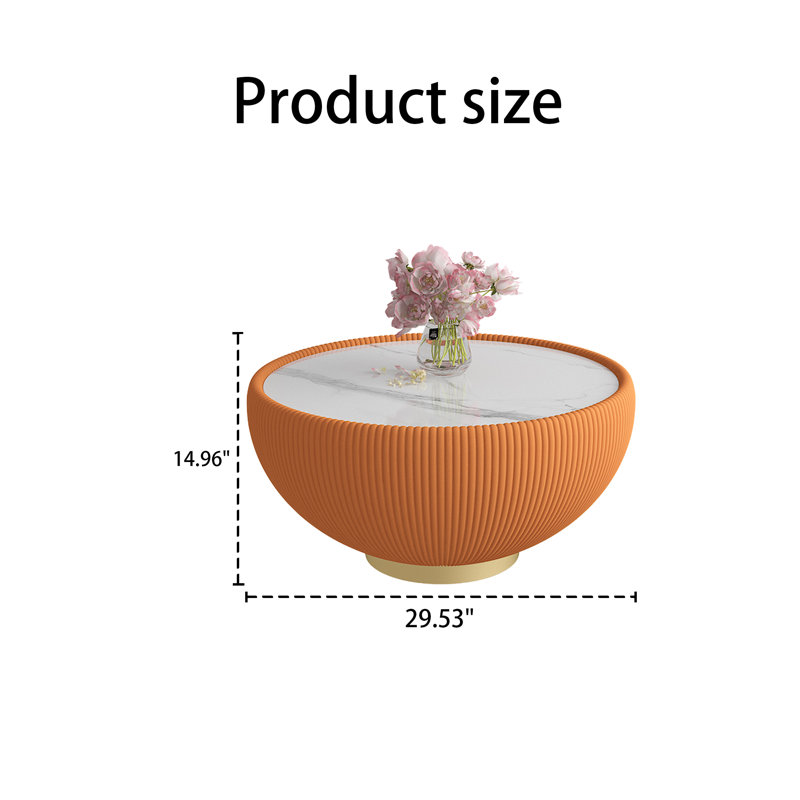 Modern Round Coffee Table, 27.55" Bowl Shaped Fluted Coffee Table with White Top & PU Leather Covered & Gold Metal Base Modern Coffee Cocktail Center Tables for Living Room