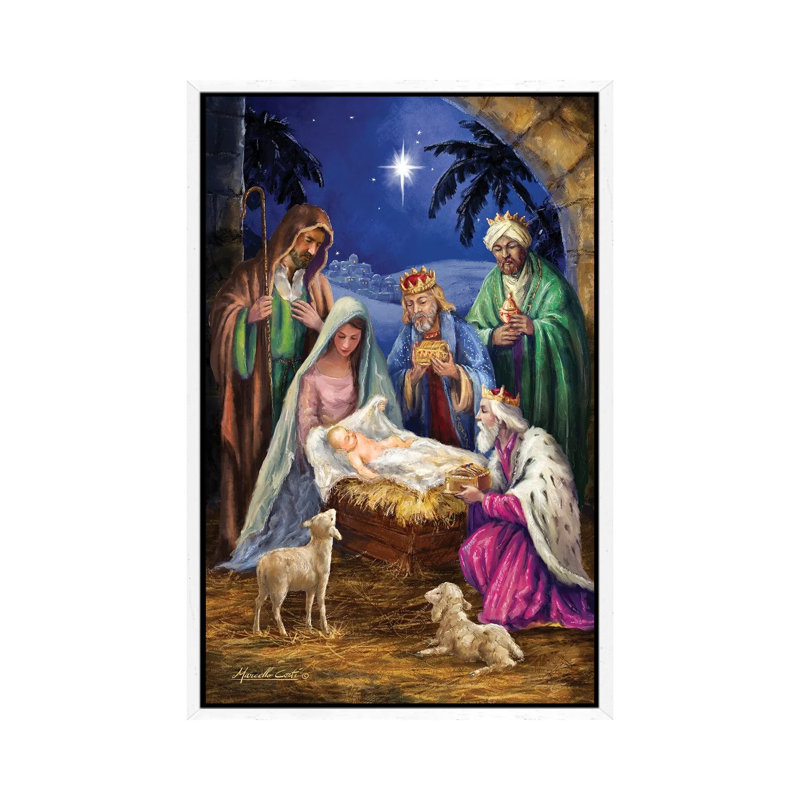 Holy Family With 3 Kings by Marcello Corti - Print, 101.6 cm H x 66.04 cm W, White Framed