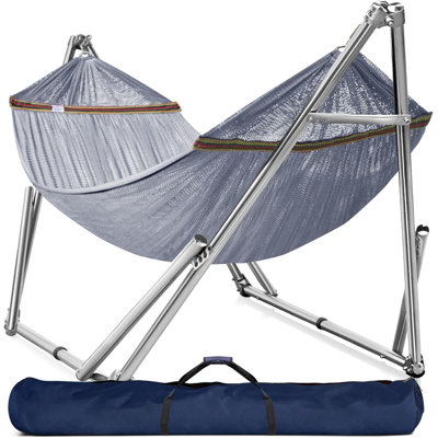  Hamac double avec support Capacité de 650 lb Hamac double avec barre d'écartement, acier inoxydable de qualité supérieure 201, installation des années 30, support de hamac flexible et portable, intérieur extérieur, gris