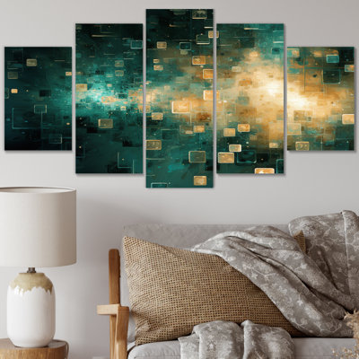 Sudden Serenity abstrait sarcelle et or - art abstrait sur toile - 5 panneaux