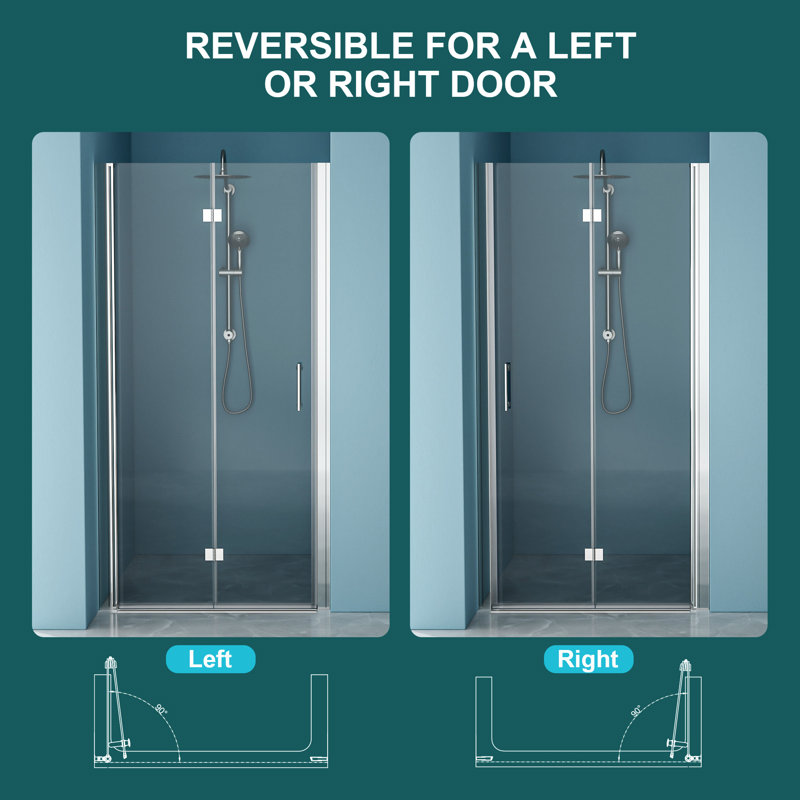 Porte de douche pliante sans cadre avec verre trempé l 30 po x H 72 po, Chrome