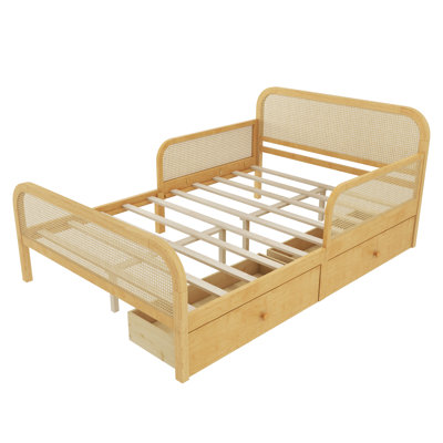 Full Size Platform Bed Frame with 2 Storage Drawers, Kids Rattan Bed with Headboard & Footboard, Natural