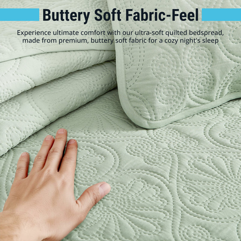 HLC.ME Benji - 3 Piece Quilt Set, Lightweight Bedspread Coverlet Quilt, Sage Green, King Quilt + 2 King Shams