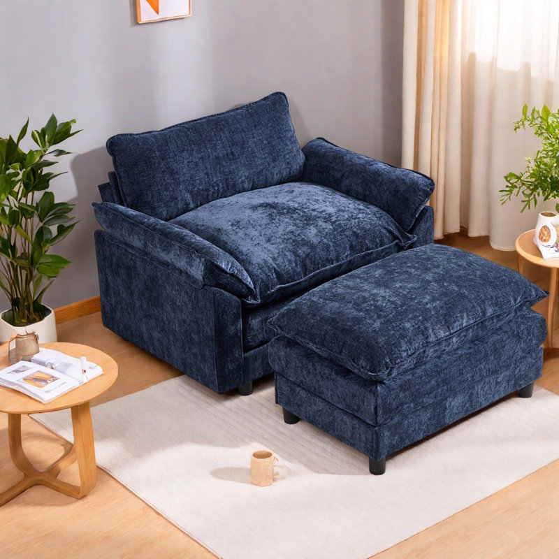 Fauteuils d'appoint surdimensionnés avec repose-pieds, salon moderne en chenille bleue