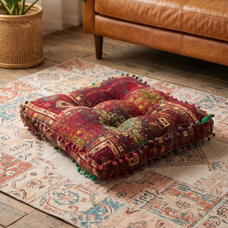 Square Tatami Seat Cushion, Red Bohemian