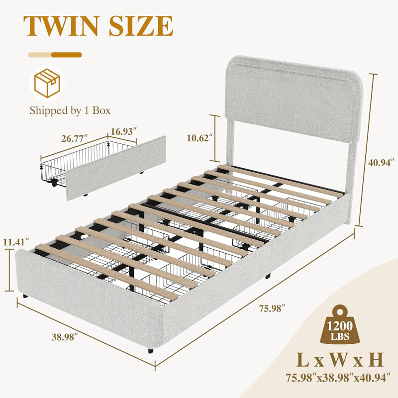 Bed Frame With Soft Headboard, Boucle Upholstered Bed Frame With Storage Drawers, Wooden Slats Support, Twin