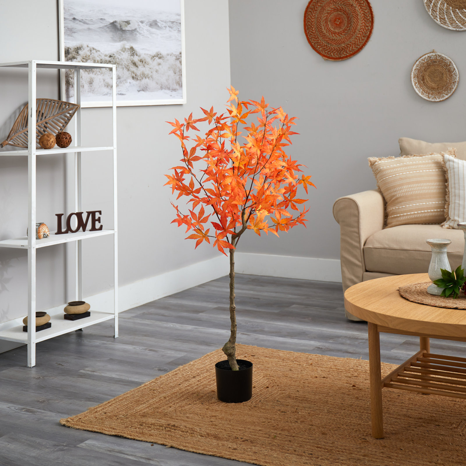 Faux Maple Tree in Pot Liner, 72" H x 29" W x 20" D, Orange