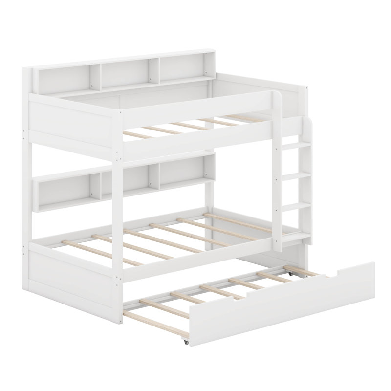 Bunk Bed Frame With Trundle And Storage Shelves, Solid Wood Floor Bunk Bed With Ladders And Guardrails, Twin Over Twin, White