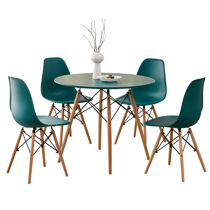 Ensemble de table de salle à manger 5 pièces pour 5, table de cuisine 35,5 po avec pieds, pieds en bois massif, sièges en plastique, vert