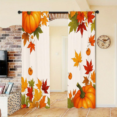 2Pcs Autumn Harvest Pumpkin Maple Leaf Curtains, Vibrant Fall Theme Design, Rod Pocket Light Filtering, Festive Thanksgiving Style, All-Season For Living Room Bedroom Home Decor