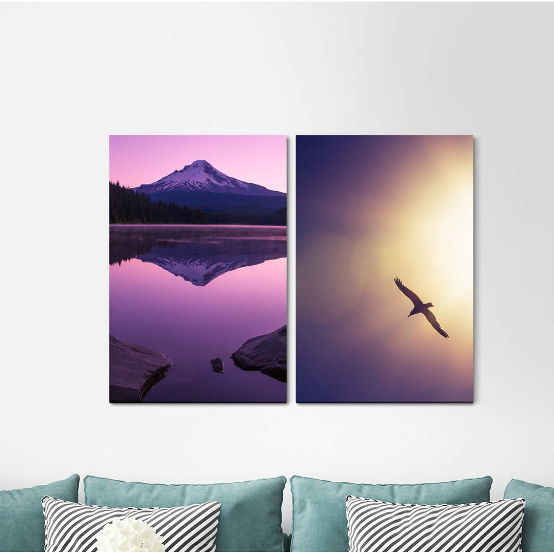 2-tlg. Leinwandbilder-Set - Grafikdruck „Fuji Volcano Japan Lake Seagull Freedom Raised”