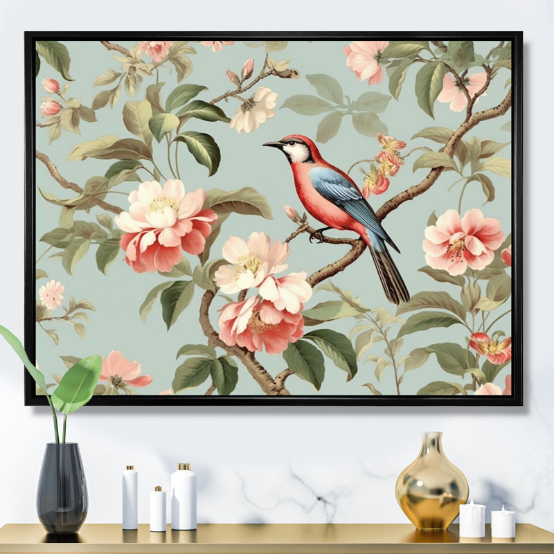 Oiseau brun sur des arbres floraux, Cadre flottant noir, H 32 po x l 24 po x P 1 po