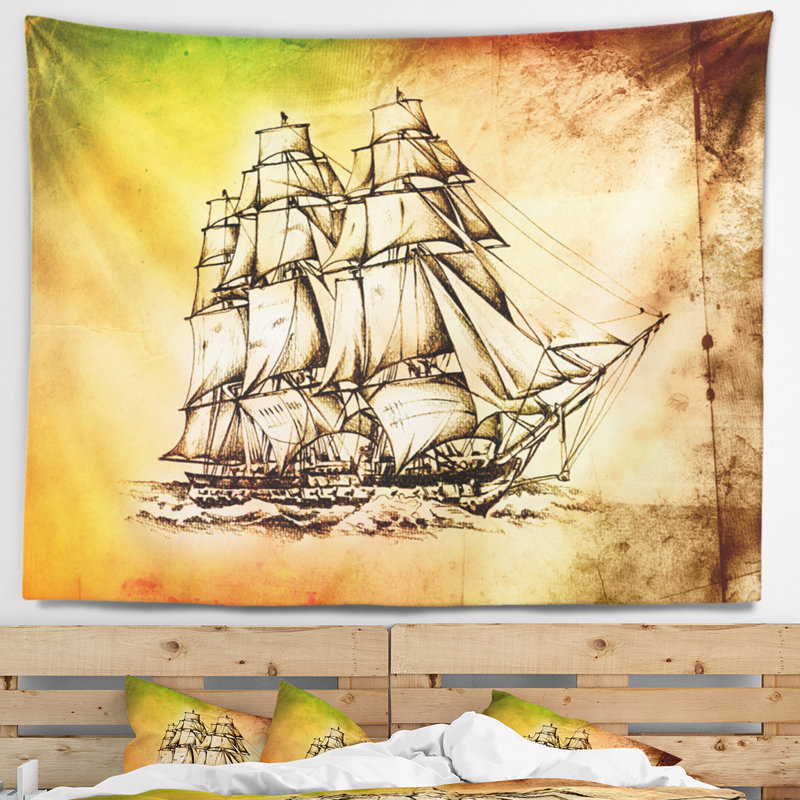 Tapisserie de bateau en mouvement antique en mer de polyester avec accessoires suspendus inclus, H 68 po x l 80 po
