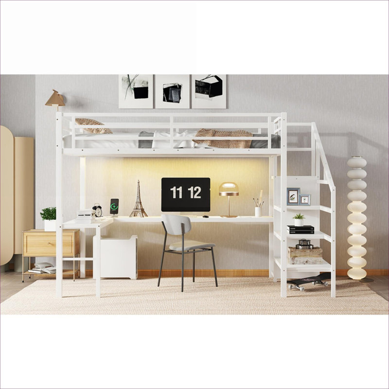 Structure de lit mezzanine pour petite chambre peu encombrante en métal blanc et panneau de fibres à densité moyenne simple TG avec espace de travail et rangement intégrés