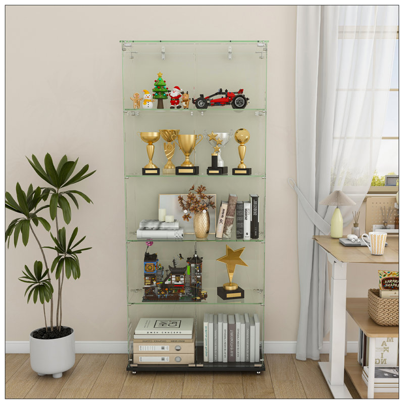 Vitrine à 4 niveaux en verre avec 5 modes DEL dynamiques, portes doubles et tablettes fixes pour un accès facile, vitrine au sol pour le bureau à domicile ou la présentation de magasin