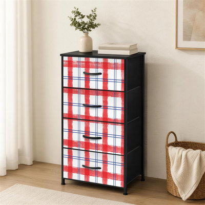 Commode à 4 tiroirs pour chambre à coucher à carreaux rouges et blancs, à carreaux bleus et à lignes bleues