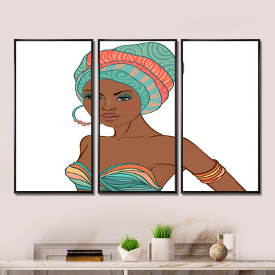 "Afro-américaine avec boucle d'oreille et turban", 3 pièces, cadre flottant, impression sur toile