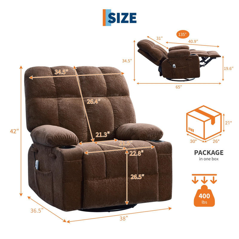 Fauteuil inclinable à bascule surdimensionné avec chaleur et massage - pivotant, inclinable et relaxant, Brun