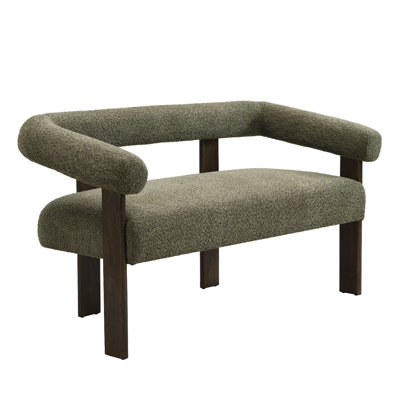 Causeuse élégante à boucle sculptée, canapé à accoudoirs et dossier courbés enveloppants, assise à ressorts hélicoïdaux de soutien, structure ouverte en bois d'hévéa, canapé-lit polyvalent de petite taille, brun, vert