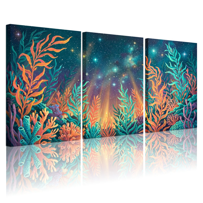 Ensemble de 3 tableaux sur toile tendue représentant un récif corallien sous-marin, 2436