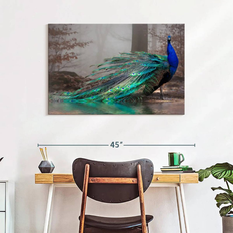Élégant paon bleu sur toile, H 26 po x l 39 po