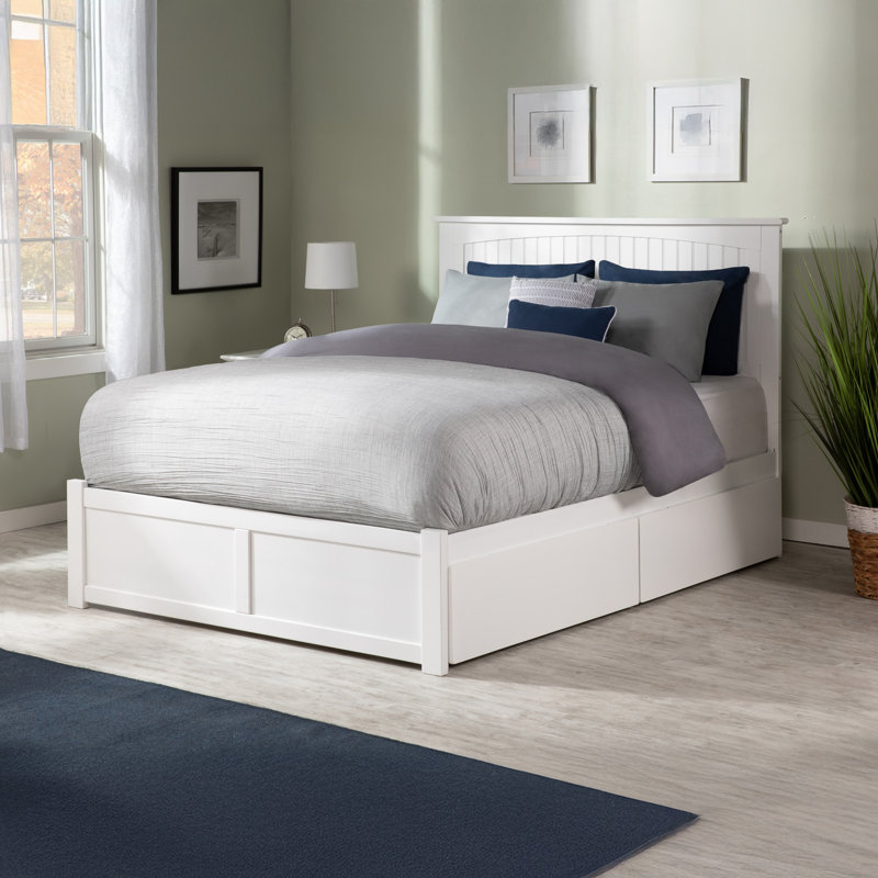 Kindig Solid Wood Storage Platform Bed with Panel Footboard and Storage Drawers, King, White
