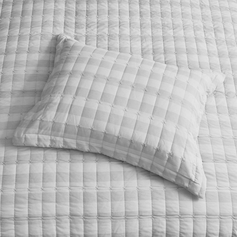 Ensemble de courtepointe surdimensionnée à carreaux brodés, Courtepointe pour lit simple + 1 taie décorative, Gris