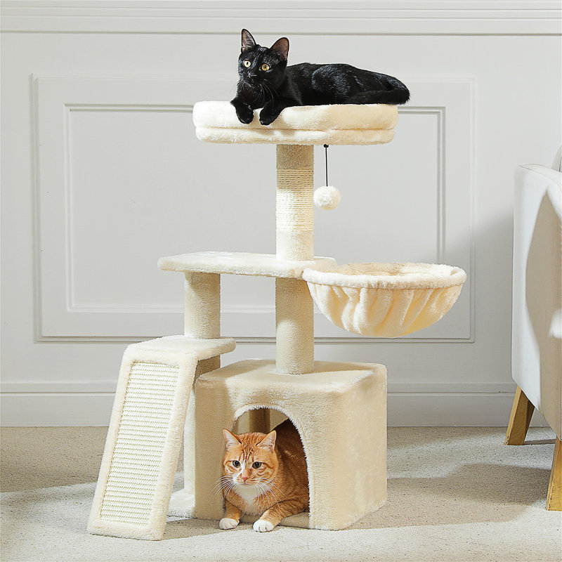 Petit arbre à chat pour chats d'intérieur, mignonne tour de chat de 32 po avec rampe à griffes en sisal, hamac douillet et perchoir de lit amovible pour chatons