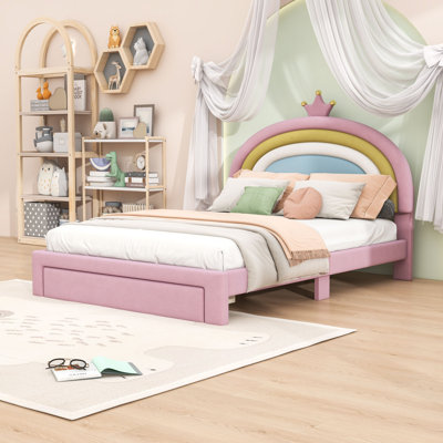 Velvet Upholstered Bed with Underbed Storage Drawer