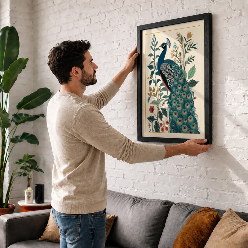 Peacock in Bloom Boho - Framed Print, A1 - 84.1 x 59.4 cm, Black