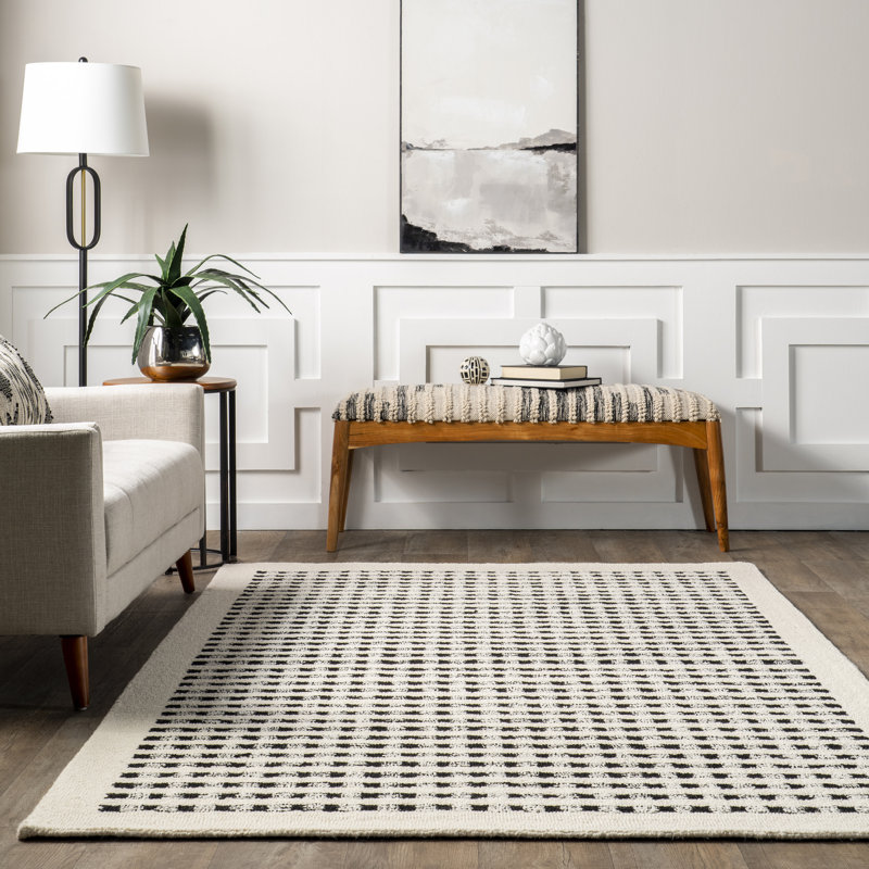 Ivory and Black Wool Handmade Braided Rectangular Area Rug