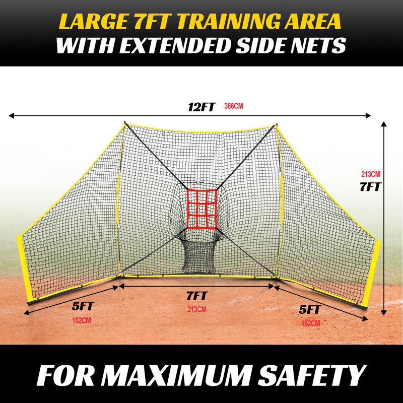 Durable Baseball & Softball Practice Net With Barriers,12 X7 Ft Training Net With Strike Zone Target,Large Ball Collection System,Barrier Side Nets For Batting,Hitting,Pitching,Throwing Solo Practice
