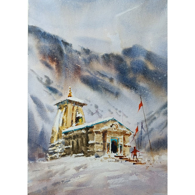 Vue du temple de Kedarnath avec neige | Peinture à l'aquarelle | Kulwinder Singh